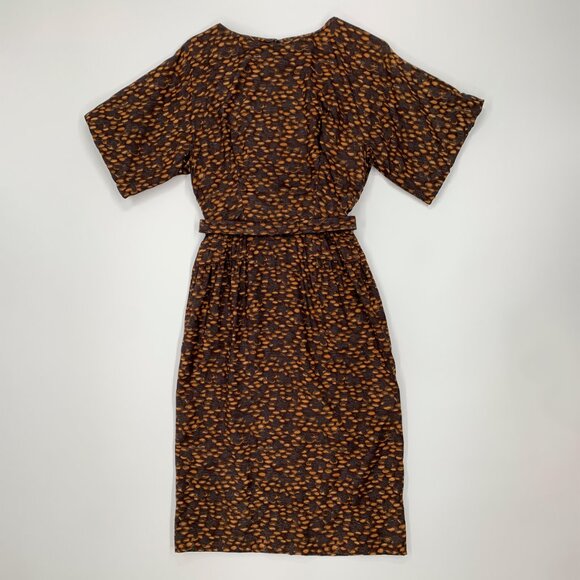 Vintage 50s Brown Printed Belted Sheath Wiggle Bombshell Dress S/M - Picture 4 of 12